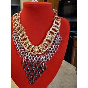 Vintage 3 Tone Waterfall Necklace Set Interlink Chains.